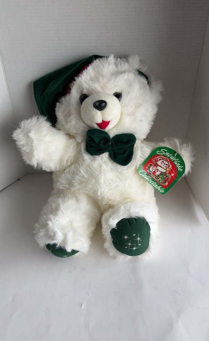 Snowflake Collectable Christmas White Bear with Green Hat and Bow 1990 Vintage